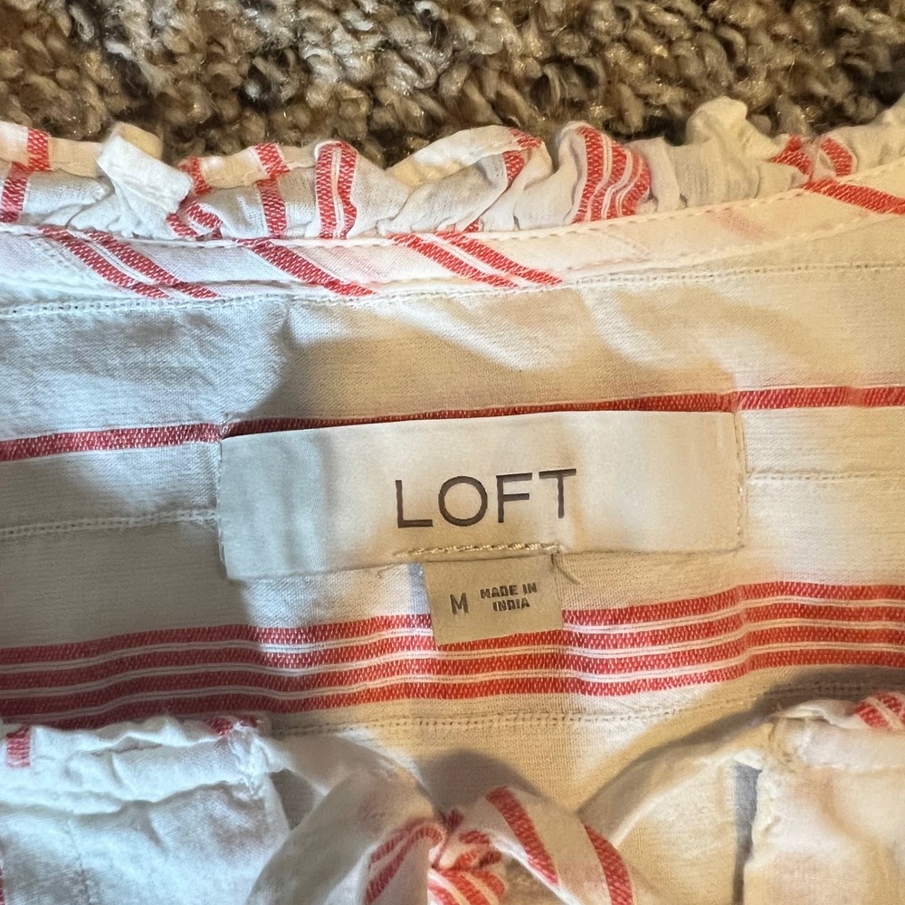 LOFT Women's White Red Stripe Ruffled Neck Tie Blouse Size M - Picture 2 of 6